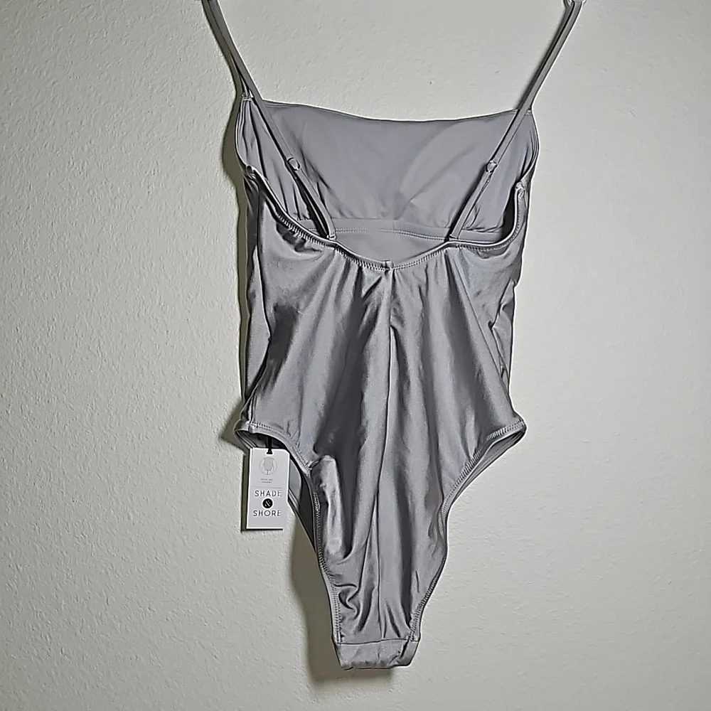 Shade & Shore High Leg Cheeky One Piece Swimsuit Silver NWT S Square Neck